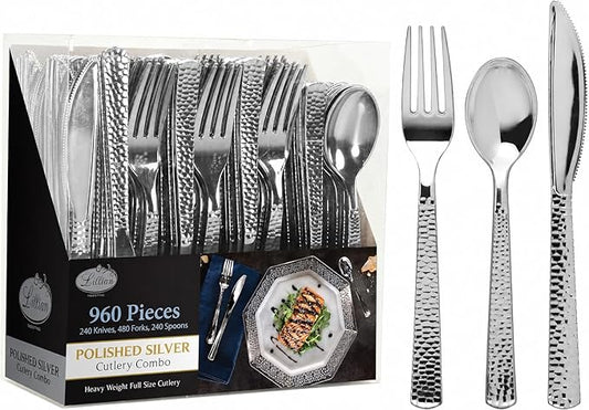 960 Piece Silver Plastic Silverware, Extra Heavyweight Disposable Cutlery Set, Full Size Silver Pebbled Flatware Combo, 480 Forks 240 Spoons 240 Knives, Bulk Party & Wedding Utensils