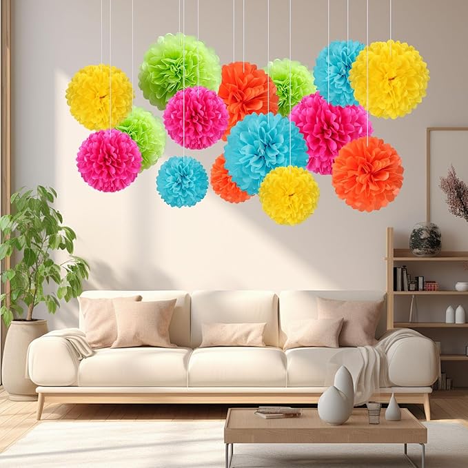 20 PCS Tissue Paper Pom Poms, Tissue Pom Poms Flowers, Sizes of 6", 10", 12", 14" Hanging Paper Flower Ball for Wedding, Birthday, Easter, Graduation Party Decor (Colorful)