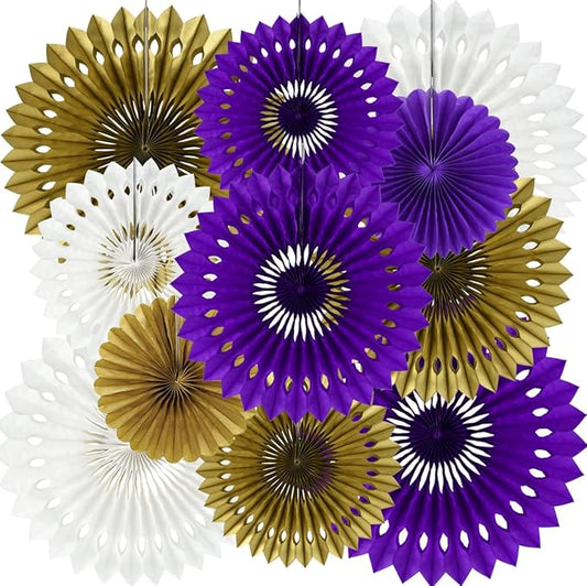 BEISHIDA Purple Gold White Tissue Hanging Honeycomb Round Paper Fans Decoration Set for Birthday Graduation Bridal Shower Bachelorette Wedding Engagement Backdrops Halloween Party Supplies(11 Packs)