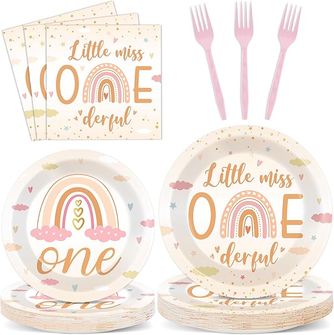 96Pcs Boho Rainbow Party 1st Decorations Miss Little One Derful 1st Themed Tableware Rainbow First Trip Birthday Plates Napkins Forks Onederful Dinnerware Supplies for Baby Shower Birthday Serves 24