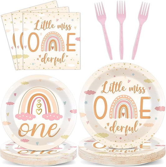 96Pcs Boho Rainbow Party 1st Decorations Miss Little One Derful 1st Themed Tableware Rainbow First Trip Birthday Plates Napkins Forks Onederful Dinnerware Supplies for Baby Shower Birthday Serves 24