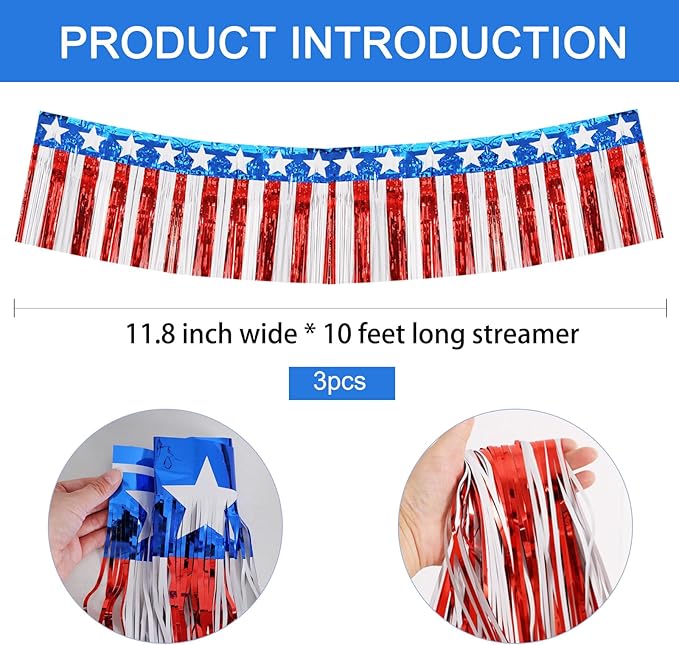 BEISHIDA 3 Packs Metallic Foil Fringe Garland Star Red White Blue Wall Hanging Tinsel Fringe Banners for Car Floats 4th of July Memorial Day Patriotic New Year Party Decoration(30 Feet)