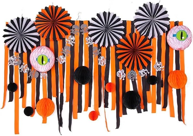Black and Orange Crepe Paper Streamers Party Streamers Decorations,1.7 in x 82 ft,6 Rolls