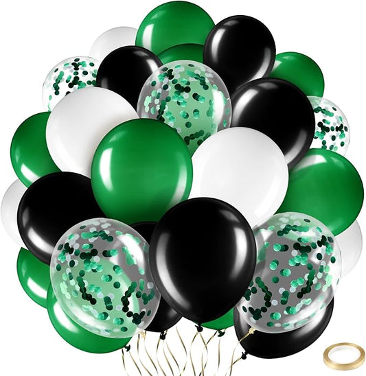 Sratte 60 Pcs 12 Inch Black Green White Balloons Kit Graduation Decorations Confetti Latex Metallic Balloons with 2 Rolls Ribbon Party Favor for Memorial Day Birthdays