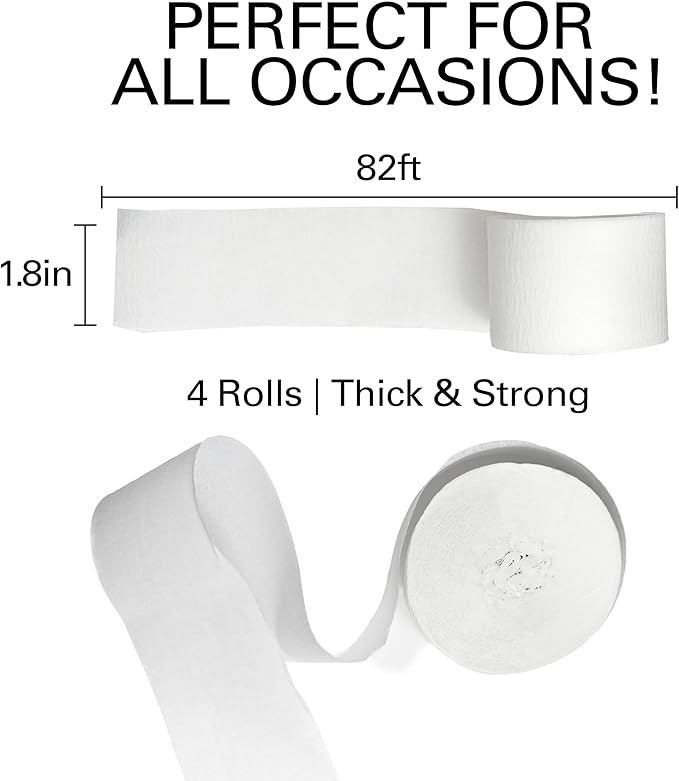 White Streamers 4 Rolls, 328 Ft White Crepe Paper, Streamer Party Decorations for Birthday, Wedding, Showers (1.8 in x 82 ft/Roll)