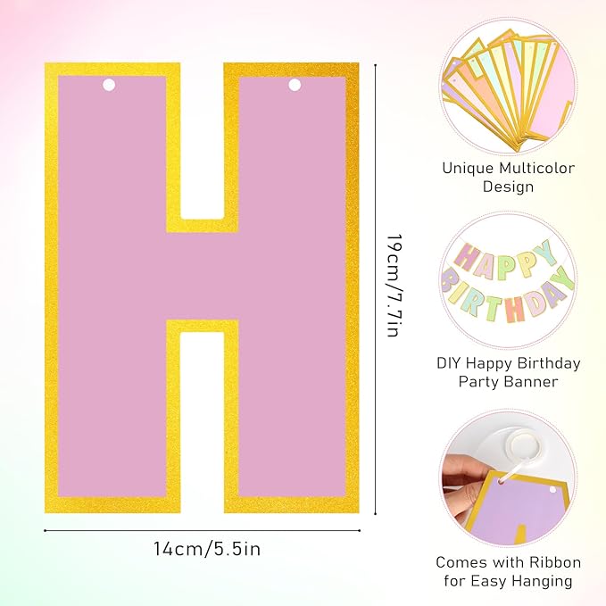 Colorful Happy Birthday Banner Sign Birthday Garland Wall Door Hanging Banner Flag for Women Men Boys Girls Party Backdrop Decorations, Multicolor Letters Name Banners with Golden Shiny Design