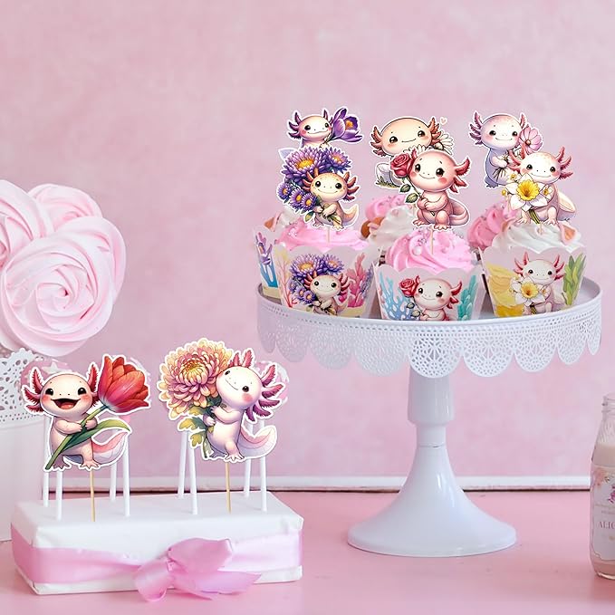 Pink Axolotl Birthday Decorations -48 Pcs Cute Cartoon Animal Axolotl Theme Cupcake Toppers Wrappers Set, Happy Birthday Party Baby Shower Supplies Photo Background Table Decor for Girls Kids