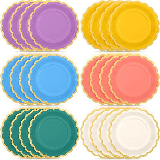 48 Pcs Boho Rainbow Paper Plates 9 Inch Colorful Scalloped Paper Plates Disposable Dinner Dessert for Birthday Wedding Bridal Party Supplies, 6 Colors
