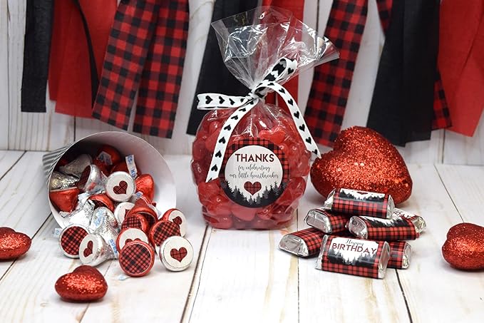 Amanda Creation Our Little Heartbreaker Red Black Buffalo Plaid Birthday Valentine Party Sticker Bundle 429 Pieces! Includes Circle Stickers, Mini Candy Bar Wrappers & Candy Kiss Stickers