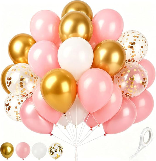 Pink and Gold Balloons White Metallic Gold Balloon, 60 Pcs 12 Inch Latex Confetti Metallic Balloons with 1 Ribbon, for Birthday Wedding Bridal Shower Party Decorations