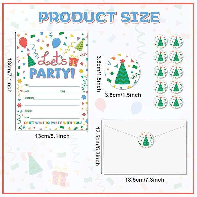 30 Packs Party Invitations for Birthday LET’S PARTY Invite Cards with Envelopes Label Stickers for Boys Girls Decorations Supplies Baby Shower Retirement Party Favors(Rainbow Dot)