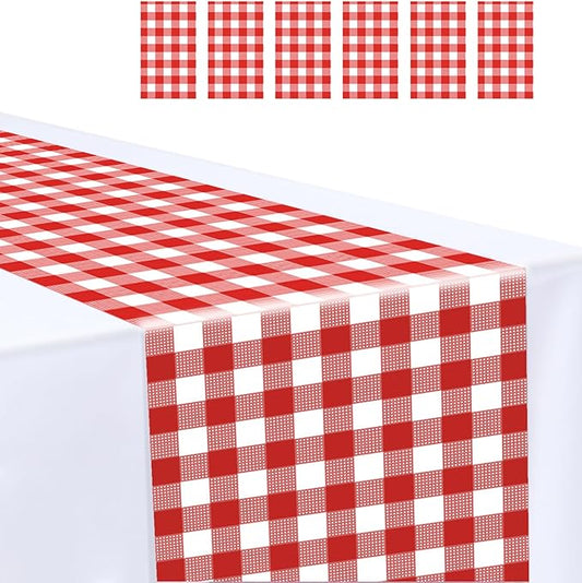 6 Pcs Red and White Checkered Table Runner Plastic 14 x 108 Disposable Gingham Table Runner for Birthday Wedding Baby Shower Christmas Party Table Centerpiece Decorations