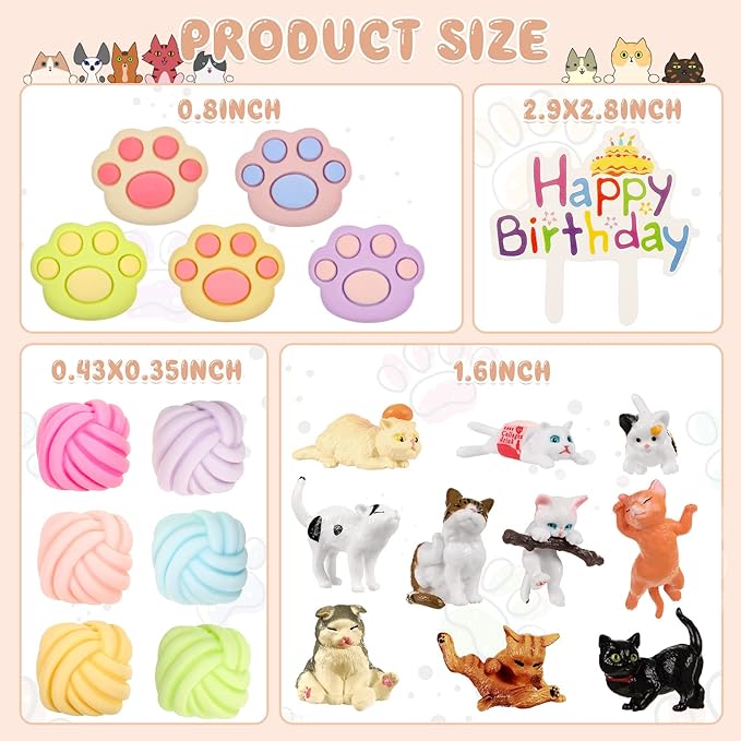 26 Pcs Cat Cake Topper Cute Figurines Happy Birthday Paw Cake Toppers Party Decoration Mini Set for Birthday Party Garden Home Shower Supplies(Cute Cat)