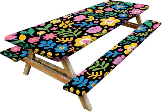 Bohemian Flowers Picnic Table Cover with Bench Covers Set of 3-Multicolor Blooms on Dark Background,Elastic Fitted Tablecloth for 6 Ft Tables, Washable Polyester Cover for Camping, Indoor & Outdoor