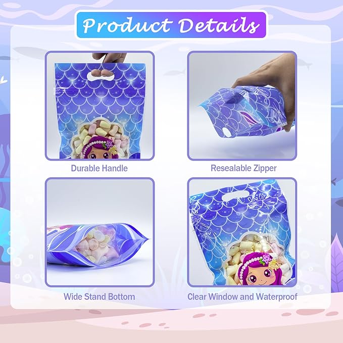 Rikolto Reusable Mermaid Party Favors Bags 50PCS Mermaid Zip Lock Bags Candy Cookie Sealing Bags with Handles for Birthday Party Small Gift Wrapping Supplies Decorations