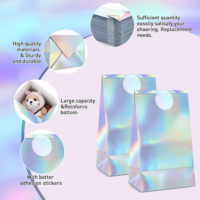 Estune 30 Pcs Iridescent Party Favor Bags with Stickers Holographic Paper Gift Bags 8. 3 x 5 x 3 Inch Reusable Glitter Foil Goodie Candy Handbag for Baby Shower Wedding Birthday Party Supplies
