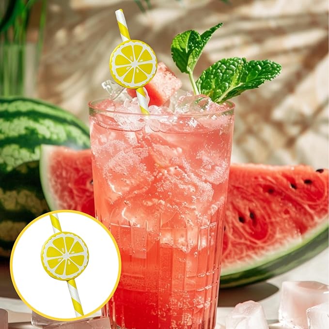 60 Pcs Lemon Paper Straws, Yellow Striped Drinking Straws for Lemonade Stand Party Supplies Disposable Lemon Straw for Cocktails, Juice, Shakes, Summer Fruit Theme Birthday Decorations