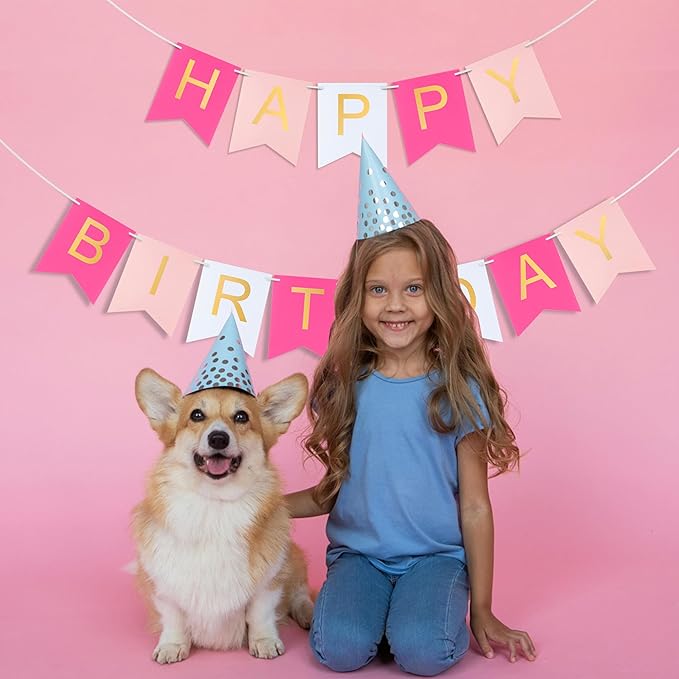 Pink Happy Birthday Banner -Roseo Pink White Hanging Backdrop Sign with Gold Letters, Happy Birthday Sign Bunting Decorations for Women men Kids Baby Shower Party Supplies (13pcs)