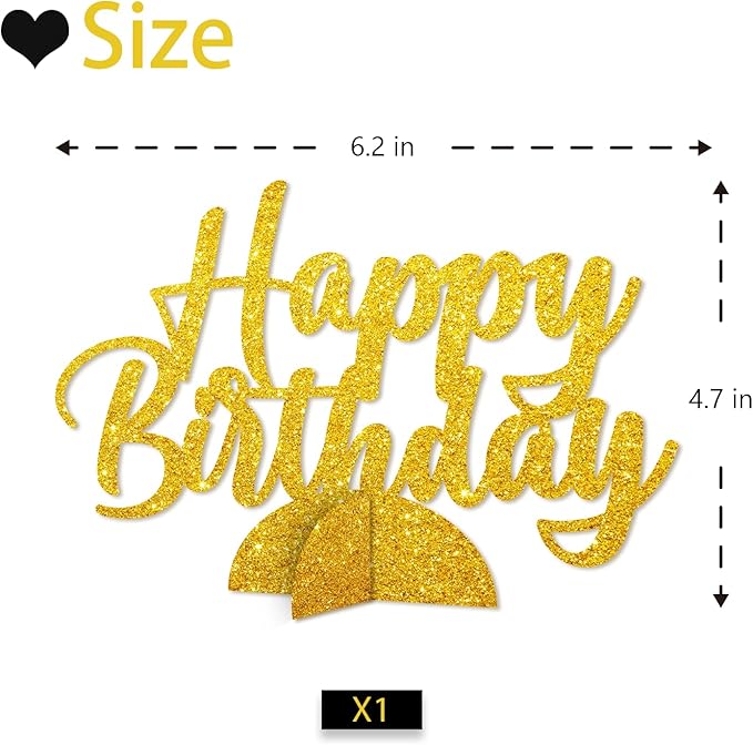 Happy Birthday Table Centerpiece, Gold Glitter Birthday Party Paper Free Standing for Men Women, Anniversary Script Table Centerpiece Party Supplies