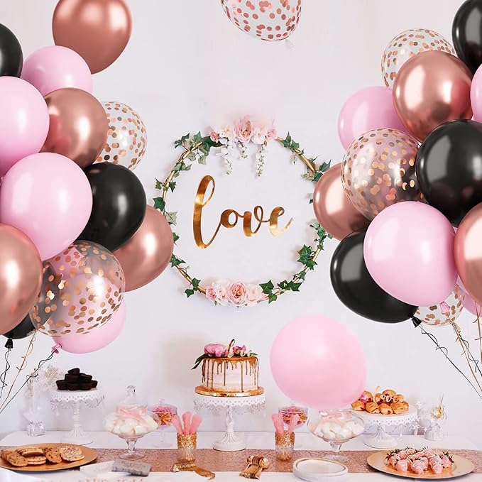 Paready Black Pink Latex Balloons, 60 Pcs 12 Inch Metallic Rose Gold and Confetti Balloons for Girls Birthday Baby Shower Engagement Anniversary Wedding Bridal Shower Party Graduation Decoration