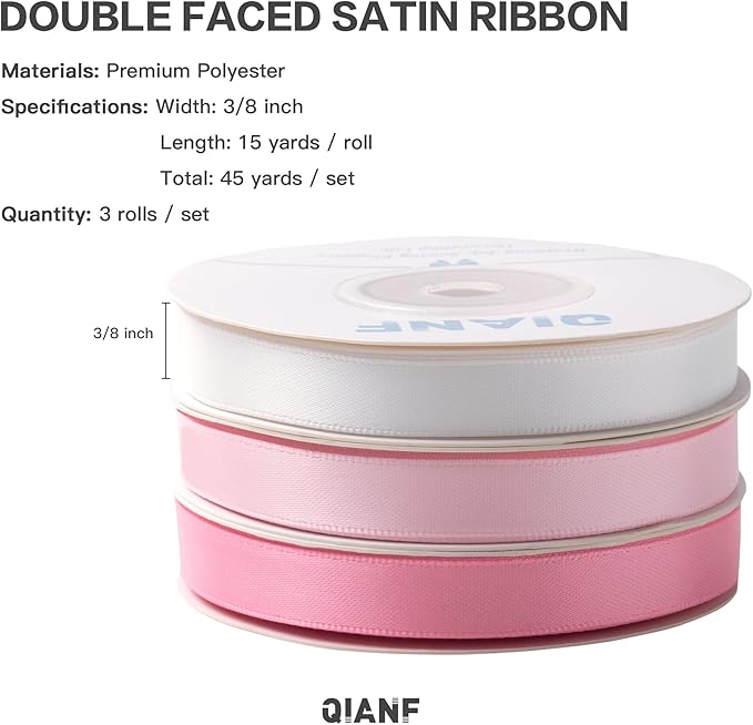 QIANF Pink Double Face Satin Ribbon 3/8 Inch x 45 Yards White Fabric Ribbon for Gift Wrapping, Flower Bouquets, Hair Bows Making, Wedding Decoration, Invitation Cards, Valentine's Day (3 Rolls *15Yd)