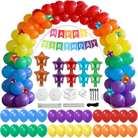 Rainbow Happy Birthday Balloon Garland Arch Kit Adjustable Red Orange Yellow Green Blue Purple Balloon Column Stand Set with Star Foil Balloons For Rainbow Birthday Party Decorations