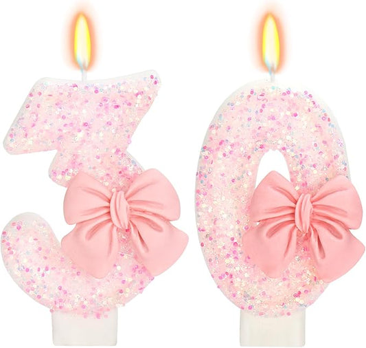 30th Birthday Candles for Cake, Pink Bow Number Cake Candles, 2.76 inch Number Happy Birthday Candle, Cake Topper Decoration for Birthday Party (Number 30)