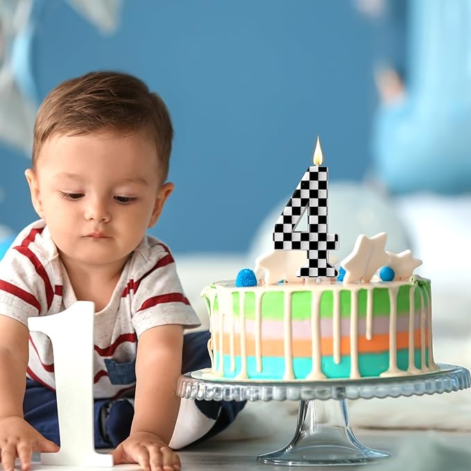 Racing Cars Themed Birthday Candle, Checkered Flag Number Candles Black and White Candles Happy Birthday Cake Topper Party Decorations for Boys Racing Cars Themed Party Supplies (Number 4)
