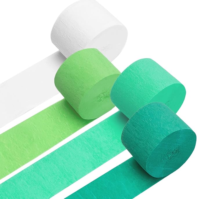 PIGETALE Crepe Paper Streamers 4 Rolls 328ft, Pack of Green, Turquoise, Lime and White Party Streamers for Birthday Wedding Ceremony Baby Shower Party Decorations Supplies (1.8Inch x 82Ft/Roll)