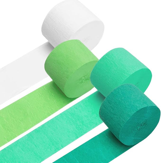 PIGETALE Crepe Paper Streamers 4 Rolls 328ft, Pack of Green, Turquoise, Lime and White Party Streamers for Birthday Wedding Ceremony Baby Shower Party Decorations Supplies (1.8Inch x 82Ft/Roll)