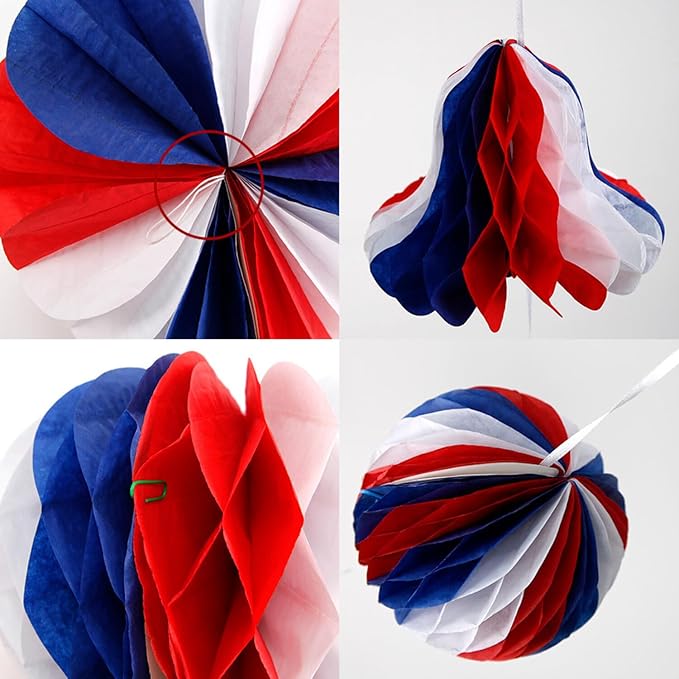 4th of July Decor - Independence Day Honeycomb Pendant Decor Red Blue and White Paper Fans Poms for Fourth of July Patriotic Decorations Wedding Graduation Independence Day 6 Count
