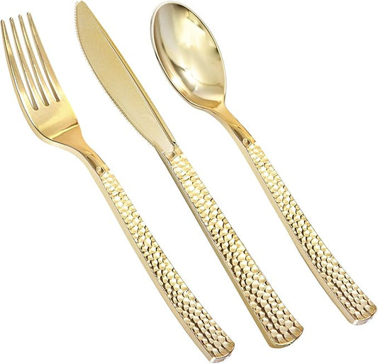 Supernal 180pcs Gold Plastic Silverware Set, Elegant Hammered Design Disposable Cutlery (60 Forks, 60 Spoons, 60 Knives), Heavy Duty Plastic Utensils for Weddings, Graduation Parties 2026 & Catering