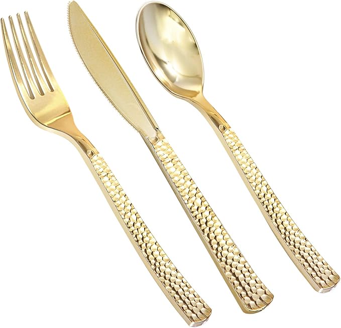 Supernal 360pcs Gold Plastic Silverware Set - Heavy Duty Disposable Cutlery (120 Forks, 120 Spoons, 120 Knives) - Elegant Hammered Finish, Premium Plastic Flatware for Weddings, Parties & Catering