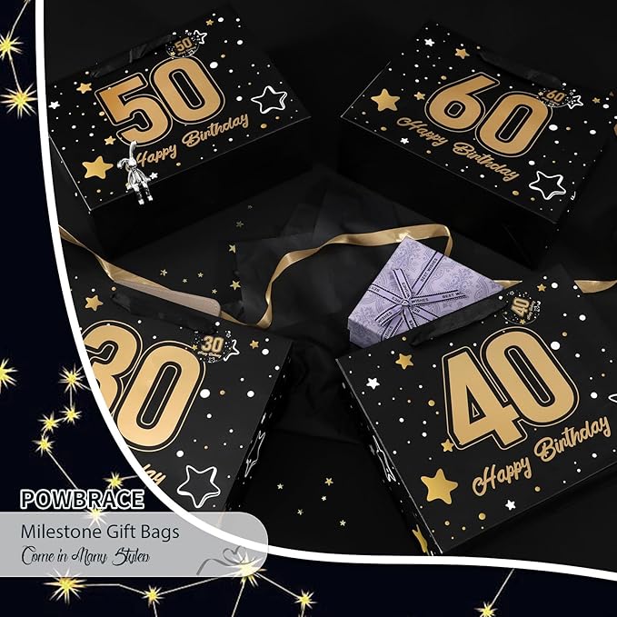 Powbrace 13" Black 40th Birthday Gift Bag with Tissue Paper and Greeting Card for Party,Happy Birthday Gift Bag for Men Women,Gift Bags Medium size(1 Black 40th)
