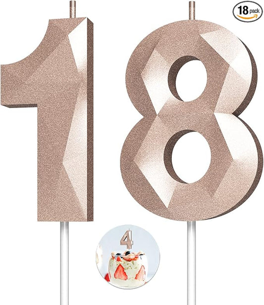 Number Birthday Candles(18 Candle Rose Gold) 3D Diamond Shape Number Happy Birthday Cake Candles for Birthday Party Wedding Decoration Reunions Theme Party