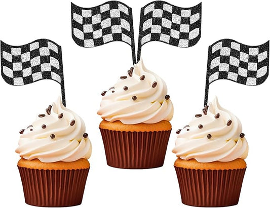 Checkered Racing Flag Party Cupcake Toppers Black and White Cake Decorations for Racing Party Supplies 24 Pieces