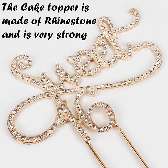 Sweet 16 Cake Topper for 16 Years Birthday Or 16th Wedding Anniversary Crystal Rhinestone Party Decoration Silver (Gold)