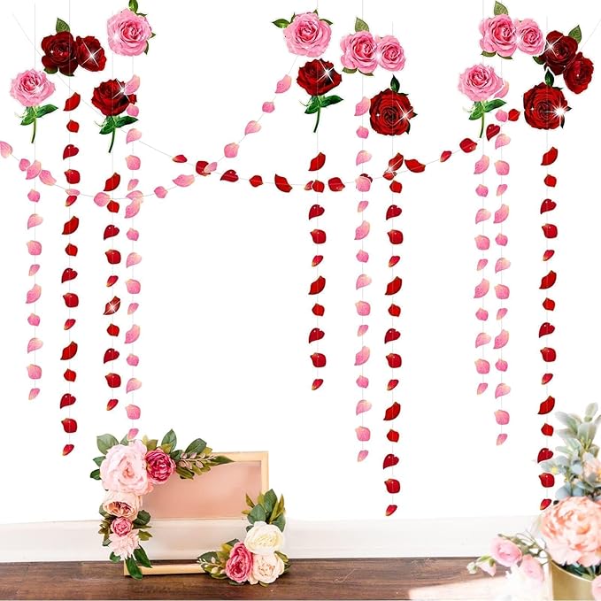 Cheerland Red Pink Rose Garland Flower Roses Petal Streamers Paper Love Banner for Floral Romantic Wedding Engagement Anniversary Bridal Shower Birthday Hanging Mothers Day Party Decorations 12pcs
