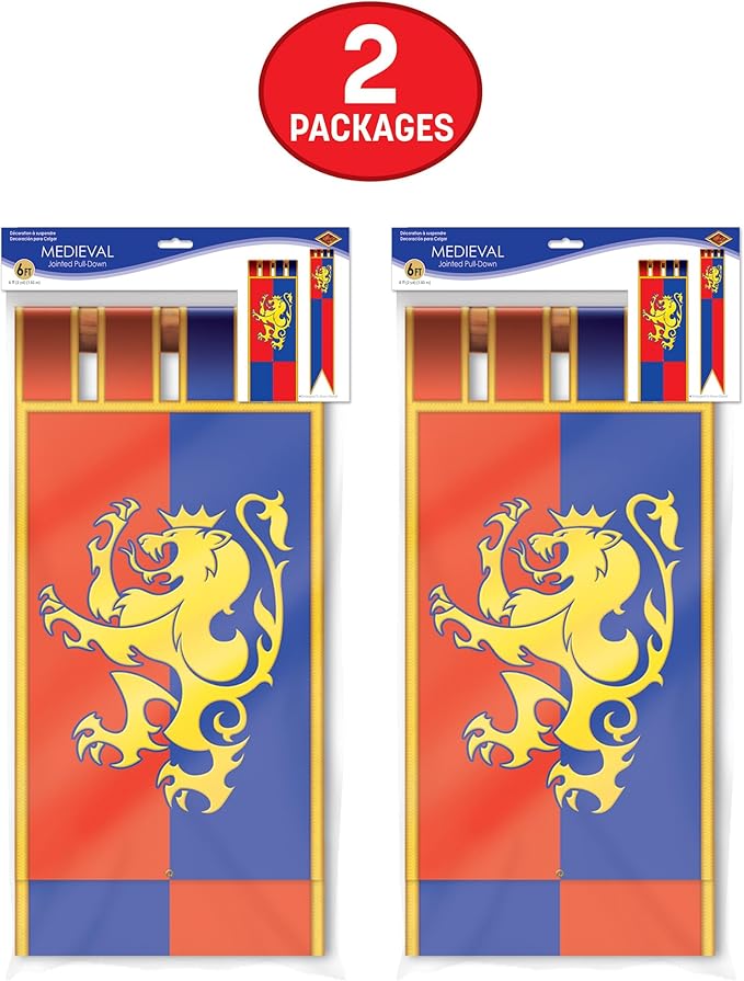 Beistle Jointed Medieval Pull-Down Cutouts – 2 Count Double Sided Castle Banner Decorations with Golden Lion for Renaissance Fairs Knight Parties Jousting Tournaments and Medieval Banquets, 6 Foot