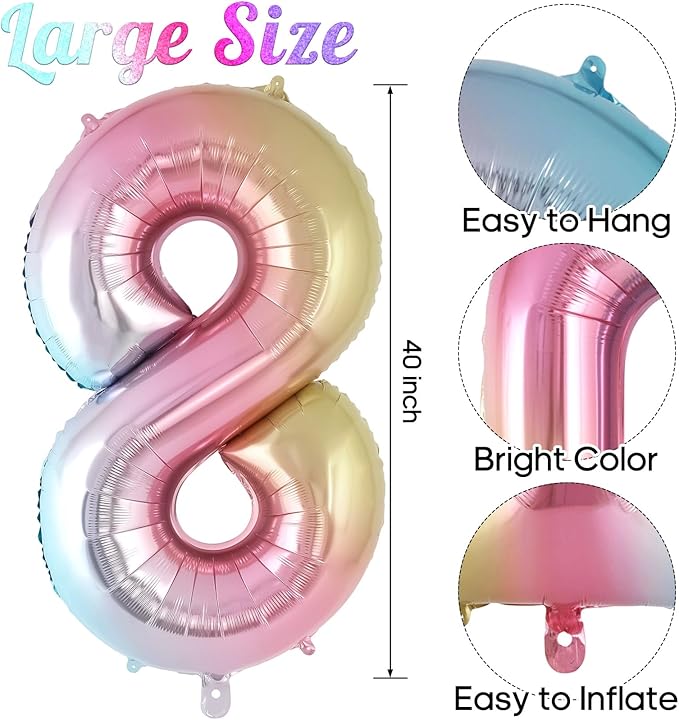 Rainbow Gradient Number 8 Balloon, 40 Inch Big Large Foil Number Balloons, Jumbo Giant Mylar Number 8 Balloons for 8 Year Old Birthday Party Decorations Supplies Anniversary Celebration