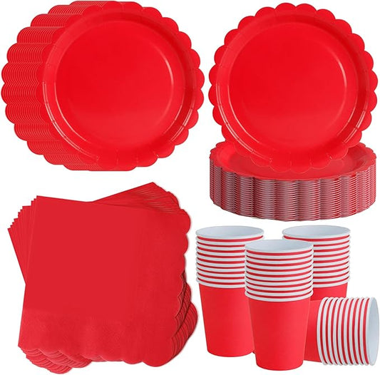 Red Scalloped Party Plates Set, 120-Piece Disposable Dinnerware for 40 Guests, 7-inch Decorative Edge Plates, Cups & Napkins for Christmas, Valentines Day, Anniversary