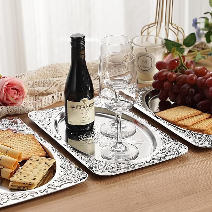 4-Pack Small Silver Serving Trays Set - ZENOVLUX Oval Vintage Engraved Mirror Decorative Tray, 11.4" x 7" Wedding Party Platters for BBQ, Food, Appetizer, Charcuterie, Cookies, Desserts