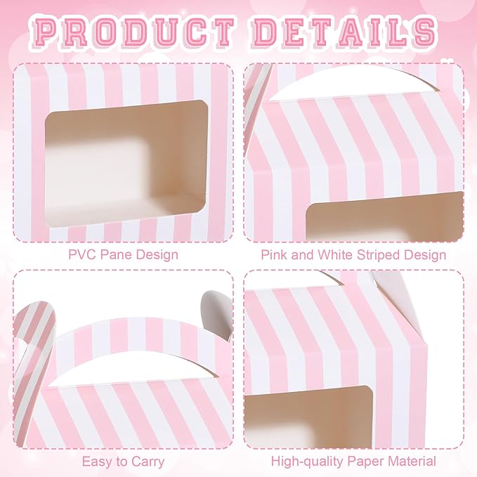 Mooliwe 50 Pcs 6 x 3.5 x 3.5 Inch Pink and White Striped Gable Boxes for Valentines Party Favors Bulk Pink Small Paper Treat Goodie Gifts Box with Clear Window Handle for Baby Shower Birthday Wedding