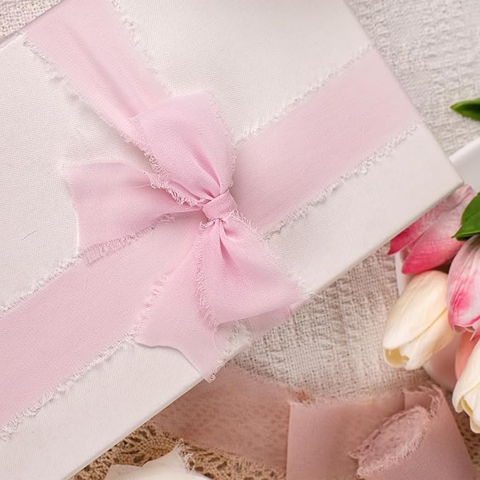 Chiffon Ribbon, Ivory White Pastel Pink Silk Ribbon, Engagement Wedding Shower Party Decorations, 1-1/2''x21Yd Handmade Frayed Fringe Ribbon for Wrapping, Floral Vase, Invitation Card, 3 Rolls