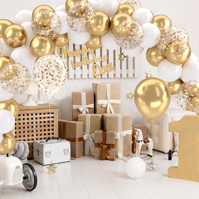 Patimate White and Gold Balloons Set, 50 pcs 12 inch Metallic Gold White Gold Confetti Latex Balloons Kit for Birthday Engagement Wedding Anniversary Party Decorations