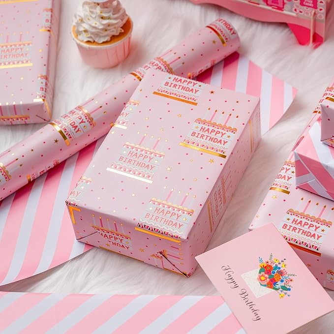 MAYPLUSS Pink Birthday Wrapping Paper Roll - 17 Inch X 16.5 Feet - Girly Shiny Metallic Pink Birthday Cake Pattern Reversible Gift Wrap Paper Pastel for Girl Baby Shower Wedding Bridal Shower