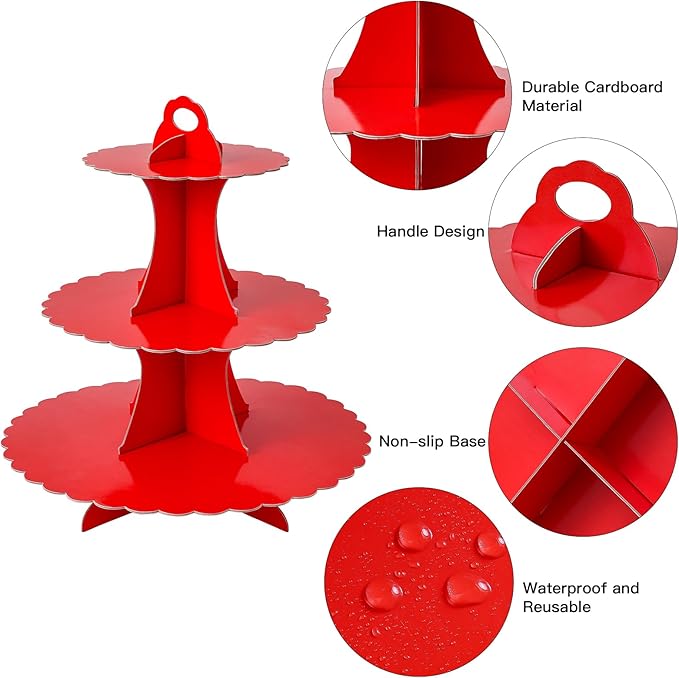 Soleebee 3-Tier Cupcake Stand, Cardboard Cupcake Tower, Dessert Cup Cake Stand Tower for Birthday Wedding Party Decoration, Cupcake Tier Stand 1 Set (Red)