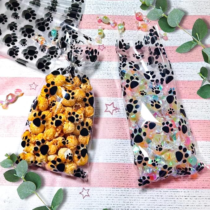 Dog Cellophane Treat Bags, 200PCS Plastic Paw Goodie Bags with Ties for Candy Cookie Gifts, 5x11 Inch Clear Gift Bag for Baby Shower Pet Puppy Birthday Party Decorations Favors Supplies Wrapping
