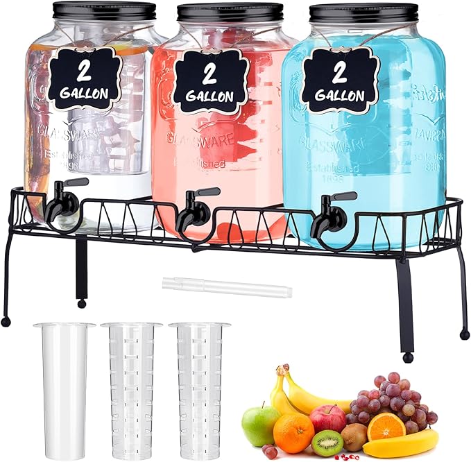 Lallisa 3 Pcs 2 Gallon Glass Drink Dispenser with Stand and Lid Mason Jar Beverage Dispenser with Stainless Steel Spigot, Hanging Chalkboard Signs, Fruit Infuse, Ice Cylinder, Liquid Pen (Black)