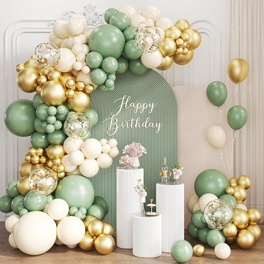 Sage Green White Gold Balloon Garland Arch Kit, 167Pcs Latex Balloons Different Sizes 15 12 10 5 inch for Baby Shower Gender Reveal Birthday Engagement Party Decorations